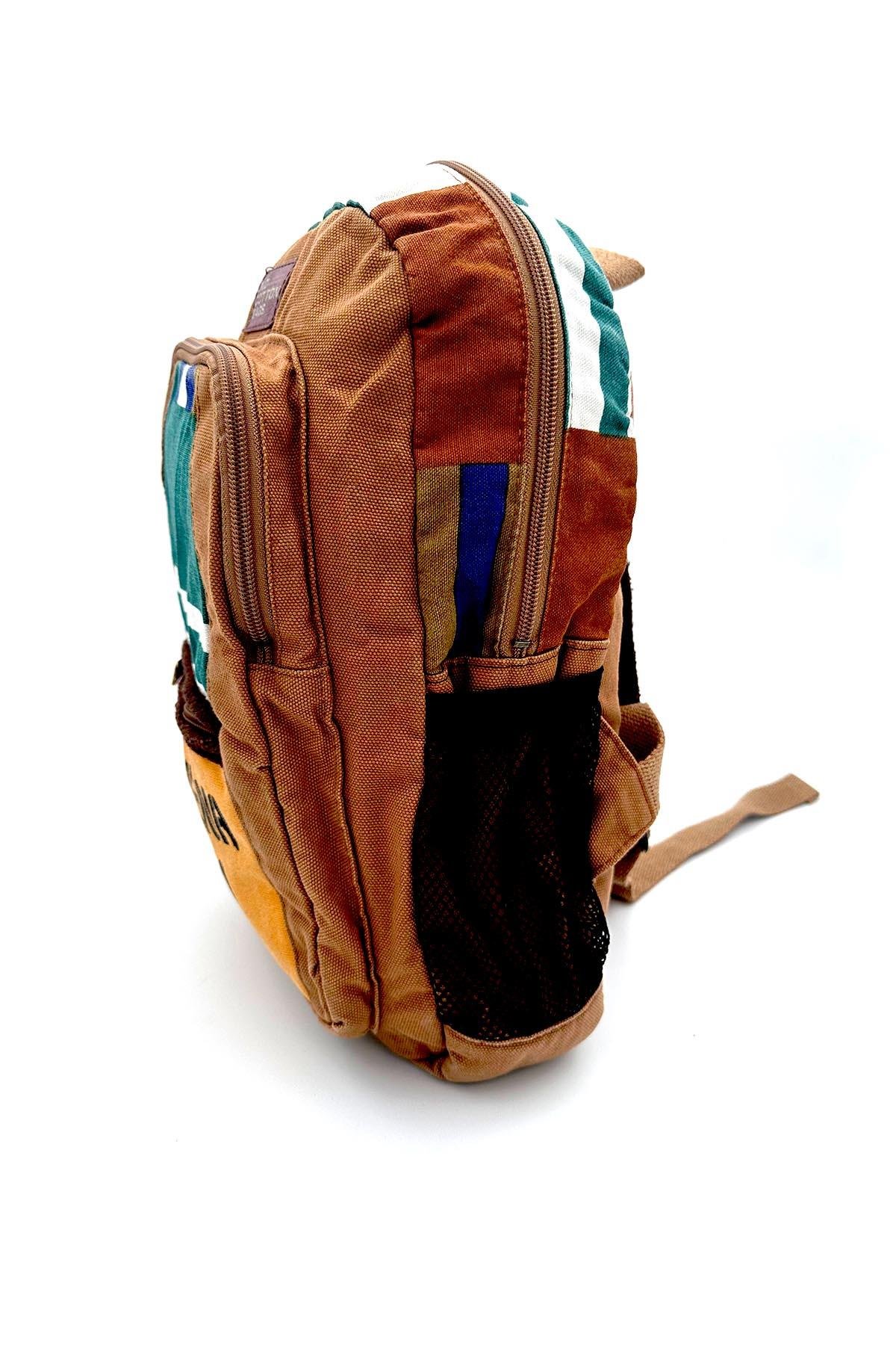 Camel Renk Baskılı Patchwork Desenli Vintage Küçük Sırt Çantası