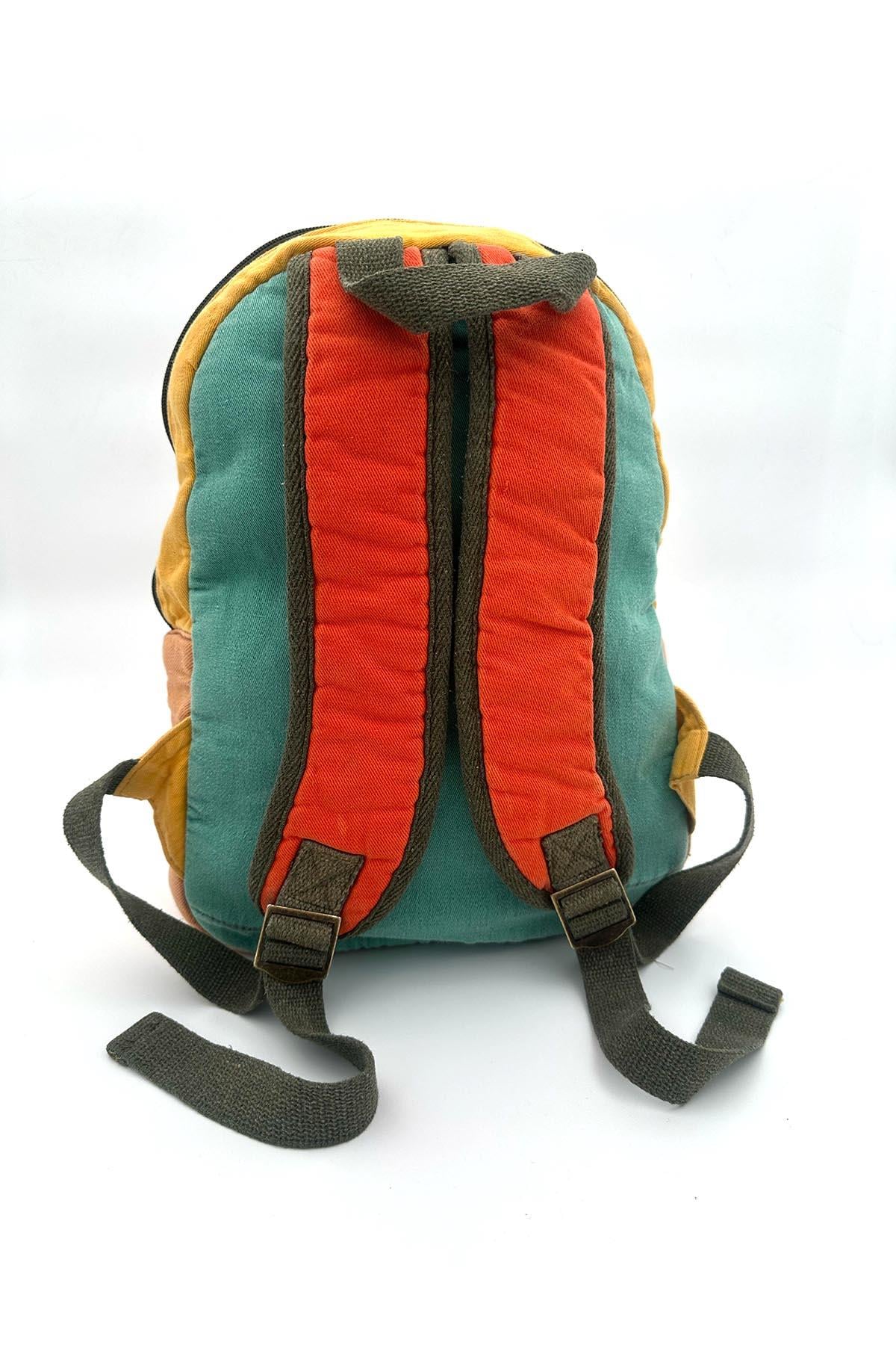 Sarı Renk Patchwork Çok Cepli Vintage Sırt Çantası