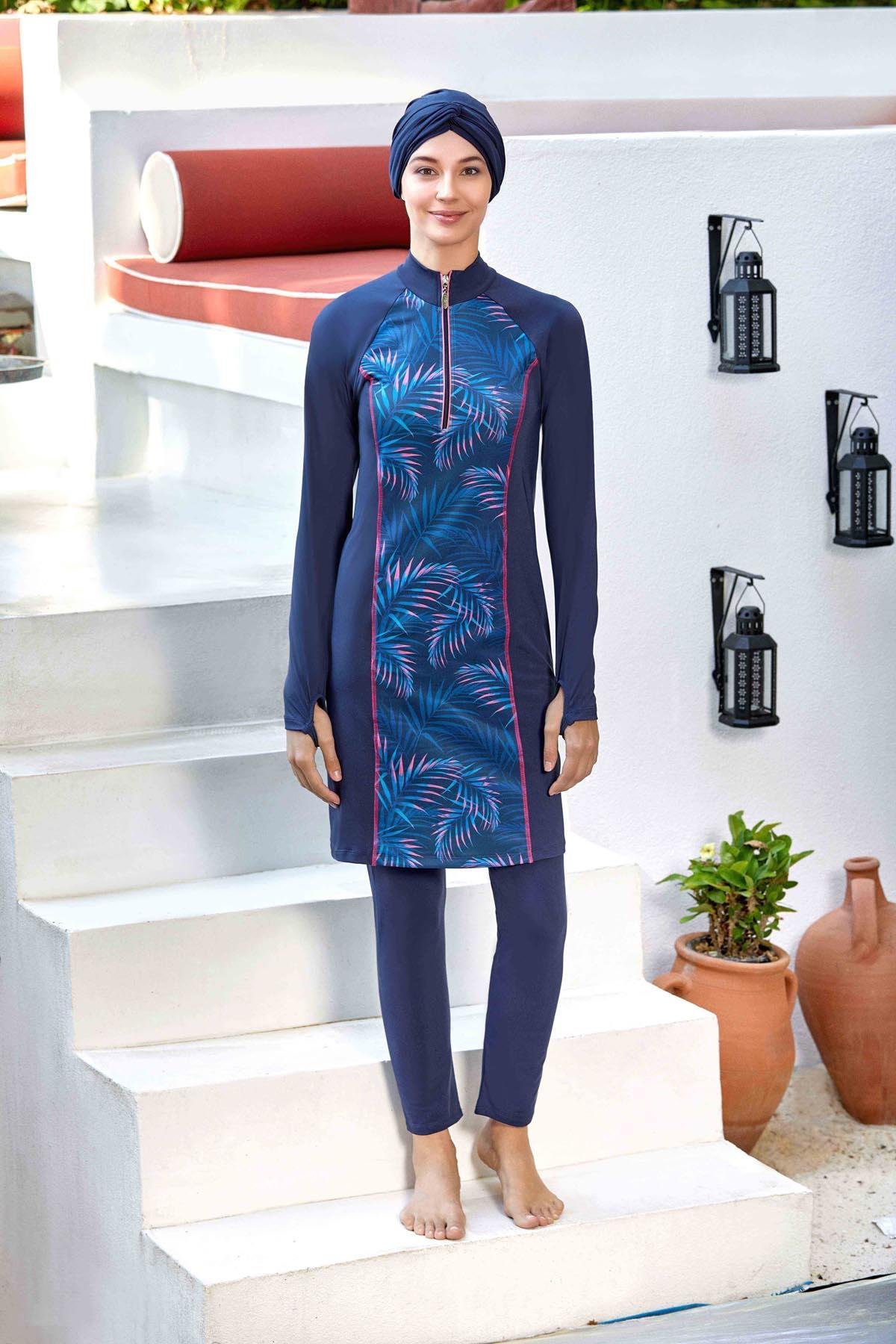 Adasea Koyu Lacivert Kadın Uzun Kollu Likralı Tesettür Mayo