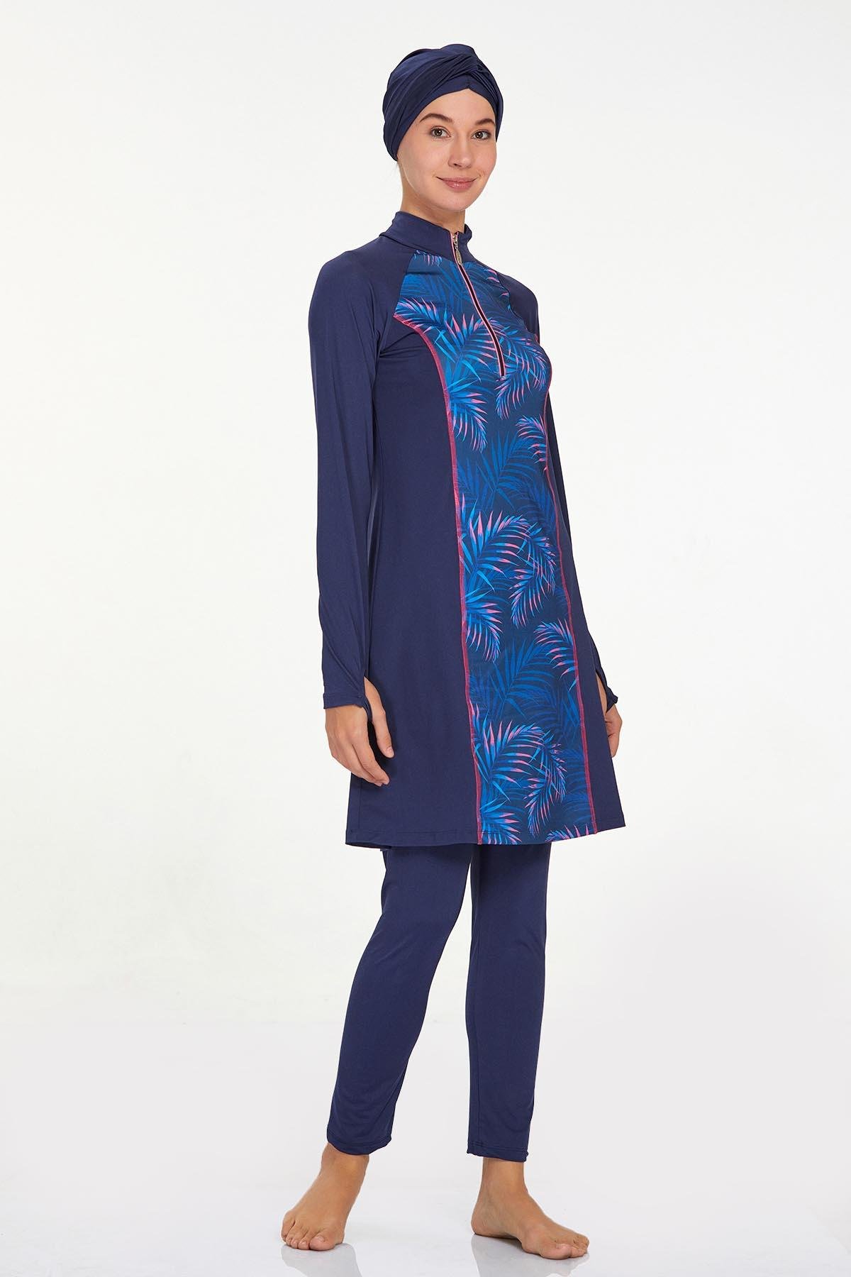 Adasea Koyu Lacivert Kadın Uzun Kollu Likralı Tesettür Mayo