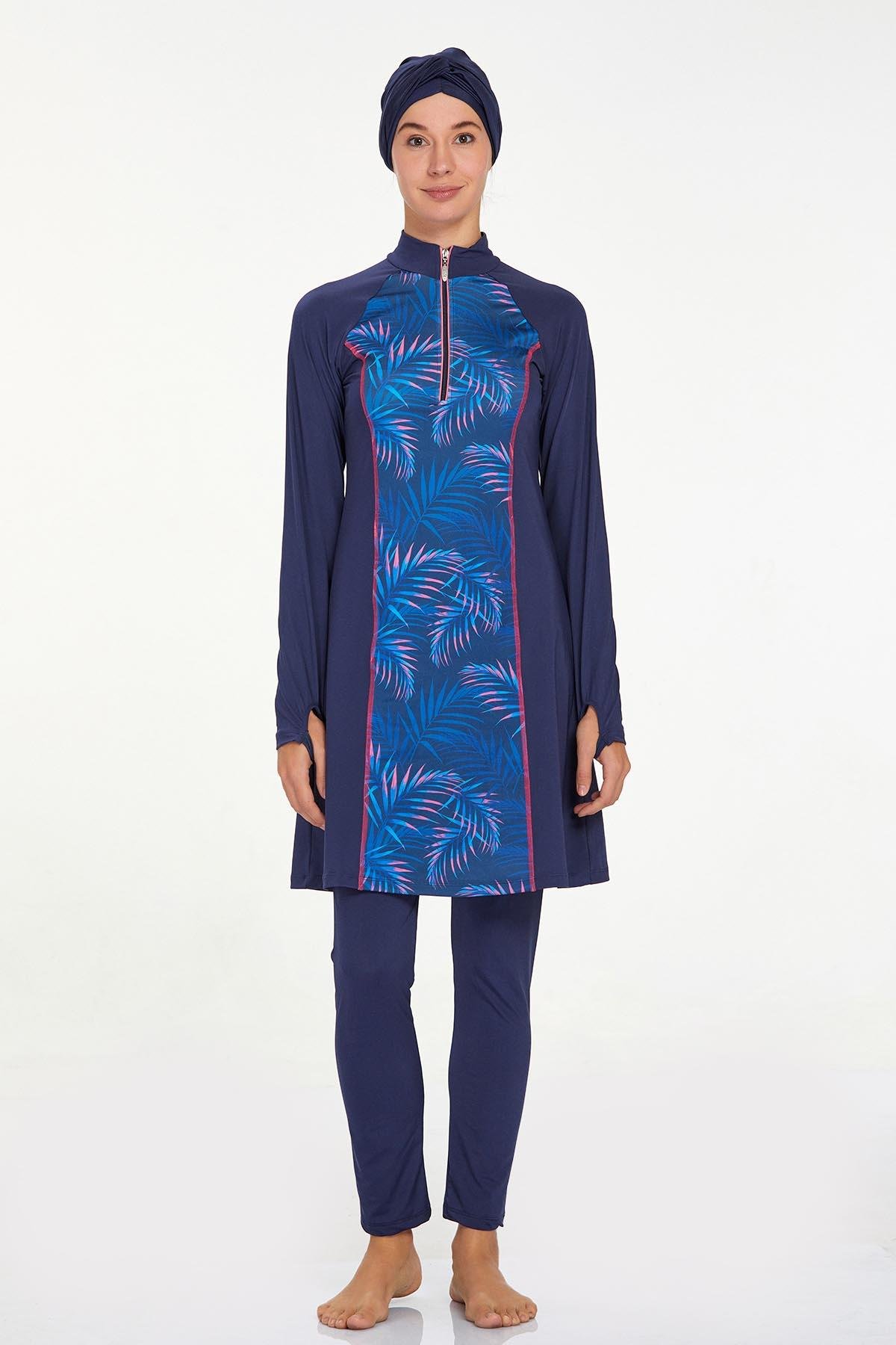 Adasea Koyu Lacivert Kadın Uzun Kollu Likralı Tesettür Mayo