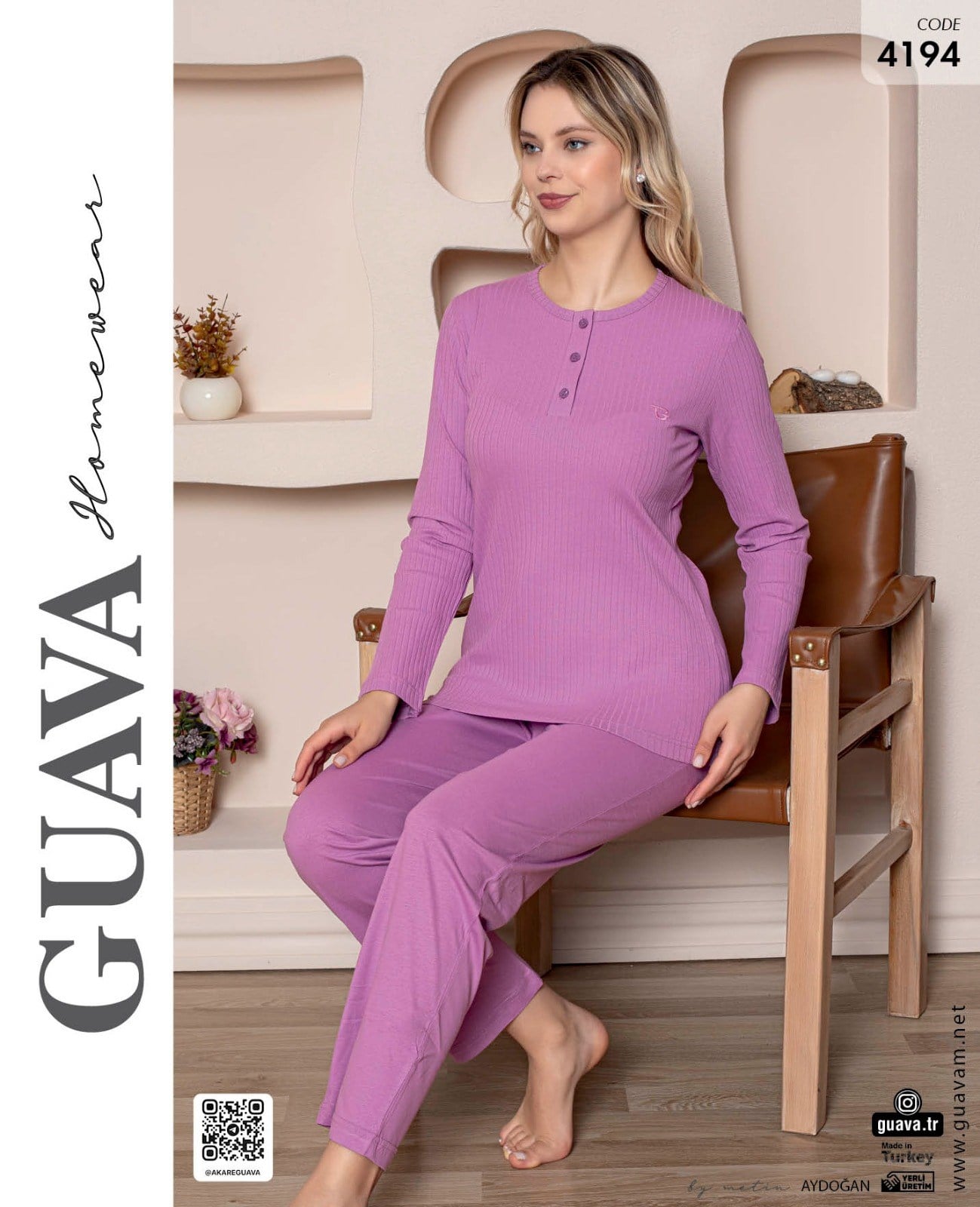 Guava 4194 Kadın Derby Uzun Kol Patlı Pijama Takımı