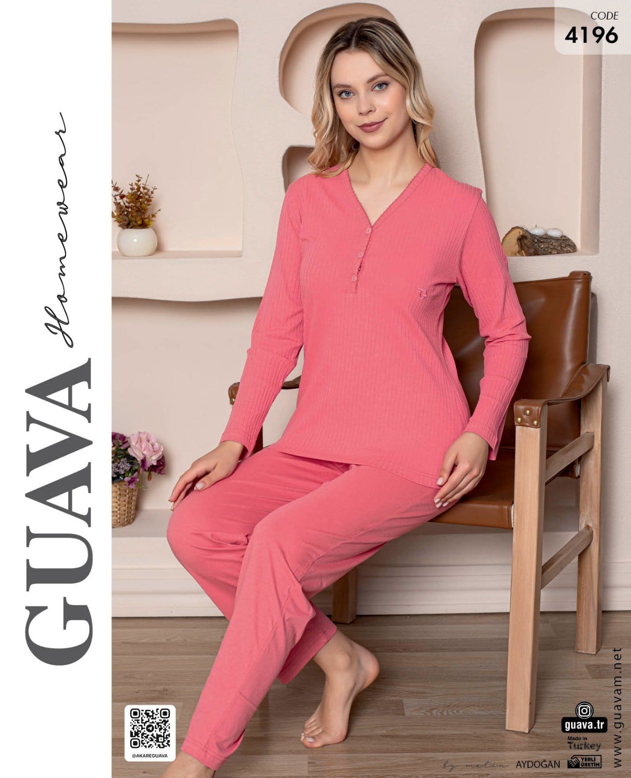 Guava 4196 Kadın Derby Uzun Kol Patlı Pijama Takımı