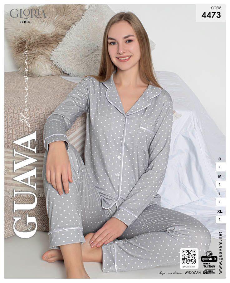Guava 4473 Kadın Önden Düğmeli Yakalı Uzun Kollu Pijama Takımı