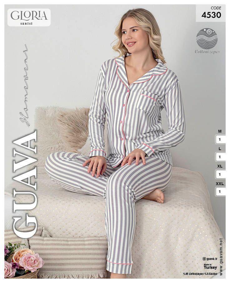Guava 4530 Kadın Önden Düğmeli Yakalı Uzun Kollu Pijama Takımı