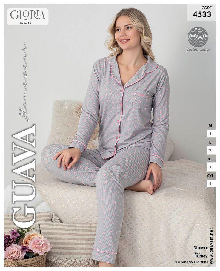Guava 4533 Kadın Önden Düğmeli Yakalı Uzun Kollu Pijama Takımı