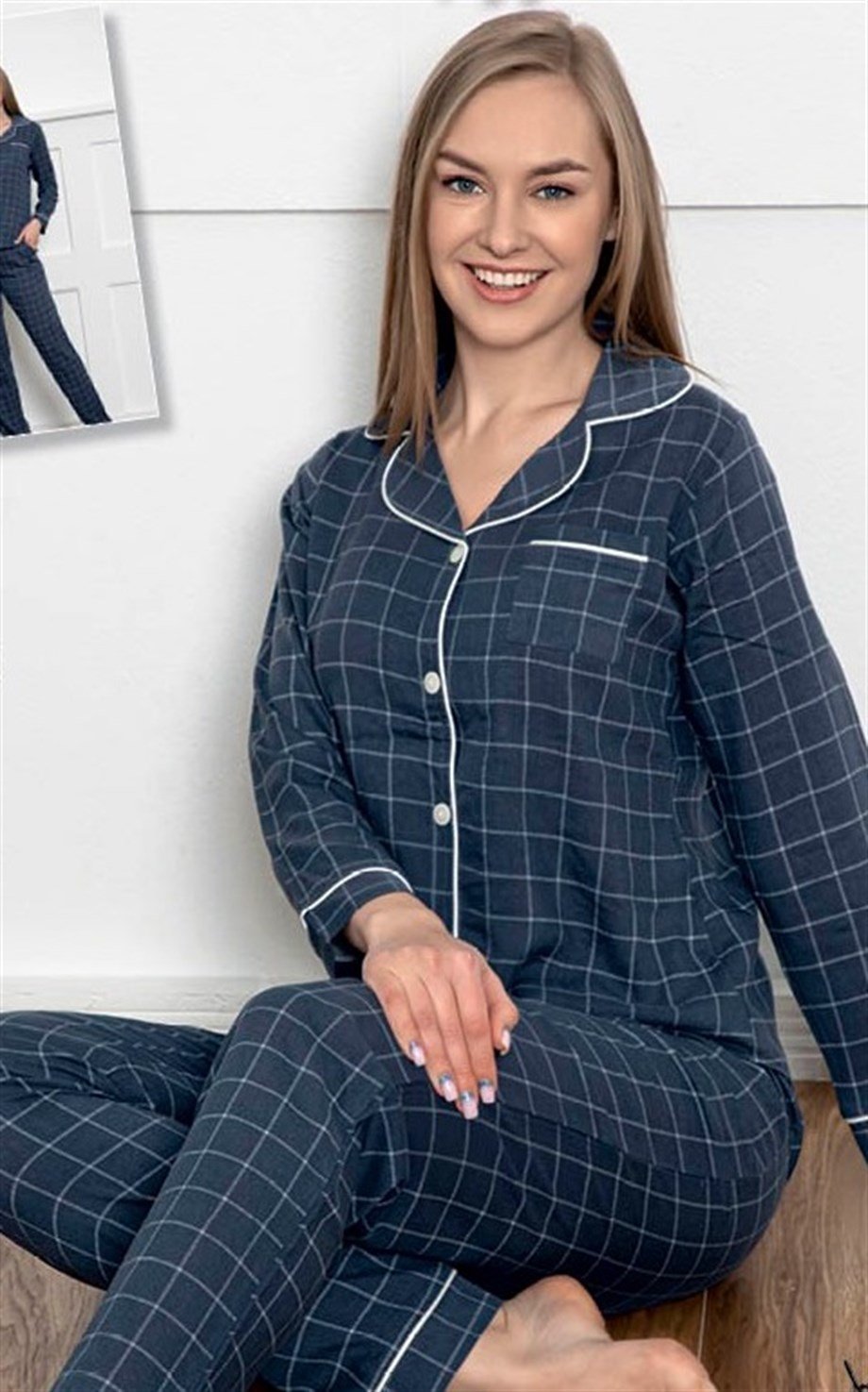 Guava Kadın Lacivert Ö.Düğmeli Çizgili Poplin Uzun Kollu Pijama Takımı 14003