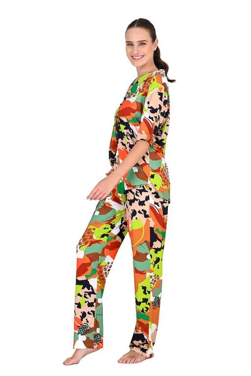 Jiber Desenli Kadın Kısa Kol Düğmeli Pijama Takımı