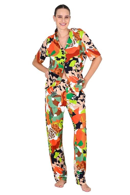 Jiber Desenli Kadın Kısa Kol Düğmeli Pijama Takımı