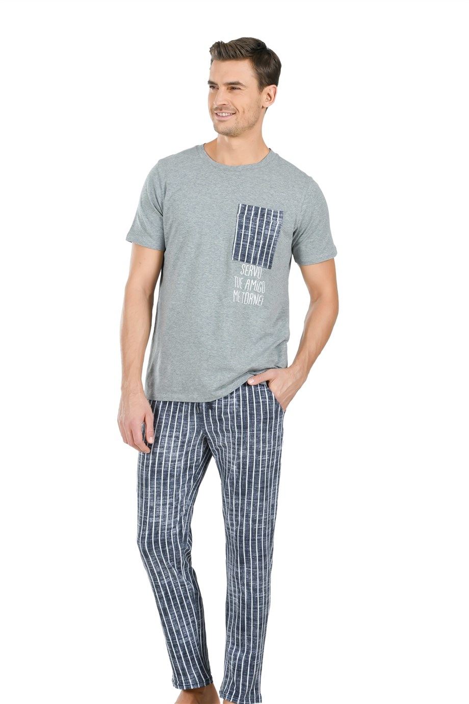 Jiber Erkek (Gri Melanj) Kısa Kollu Altı Çizgili Pijama Takımı 4739