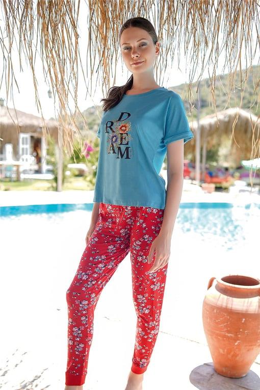 Jiber Mavi Kadın Kısa Kol Pijama Takımı