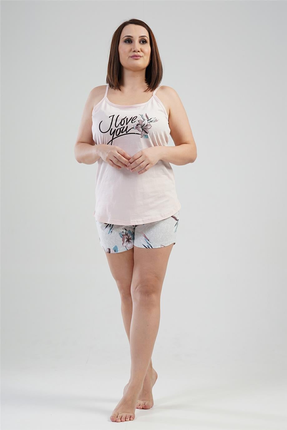 Kadın İp Askılı Şortlu Büyük Beden Pijama Takımı