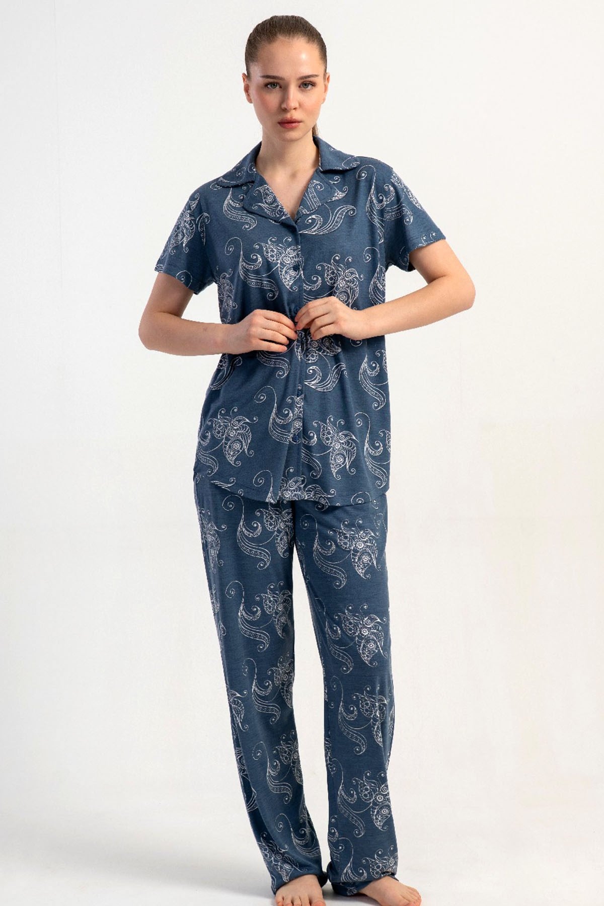 Kezokino 5122041684 Kadın Kısa Kol Önd.Düğ. Pijama Takımı