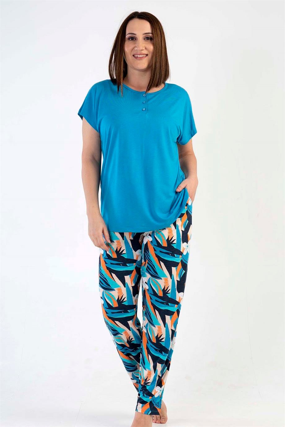Kezokino Kadın Gece Mavisi Kısa Kollu Büyük Beden Pijama Takımı