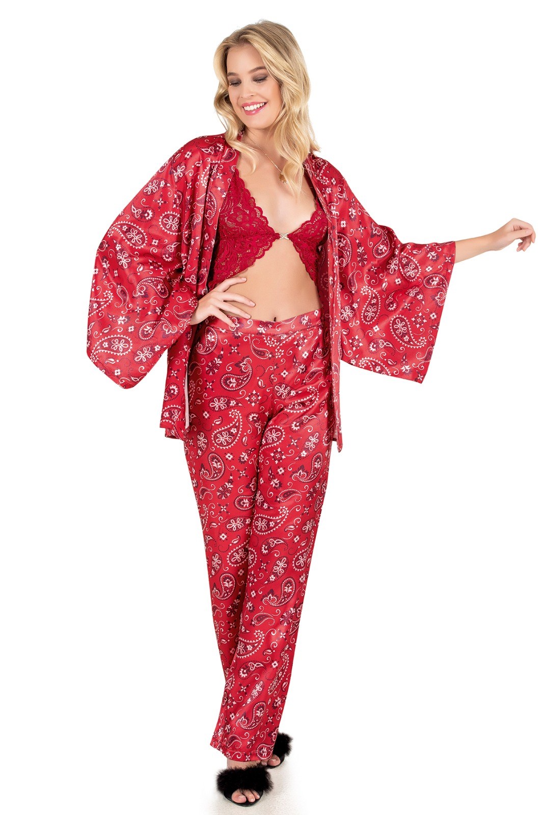 Moongirl 227 Kadın Saten Üçlü Pijama Takım