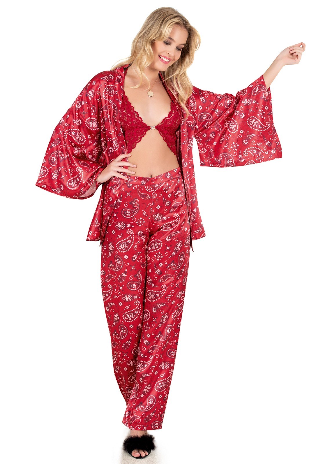 Moongirl 227 Kadın Saten Üçlü Pijama Takım
