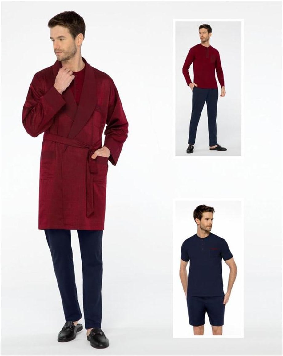 Pijalüx Erkek Bordo Coton Jakarlı Robe De Chambre 5'li Set 3101