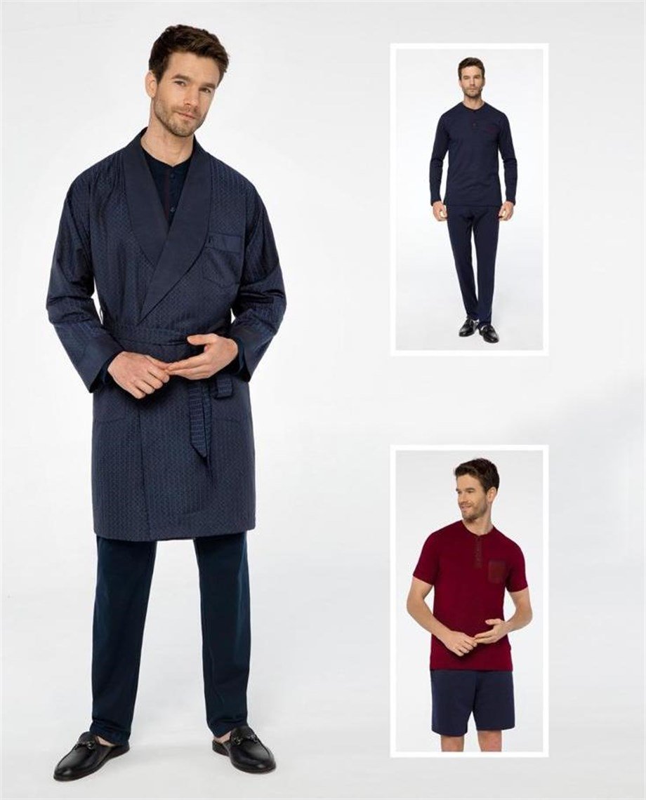 Pijalüx Erkek Lacivert Coton Jakarlı Robe De Chambre 5'li Set 3106