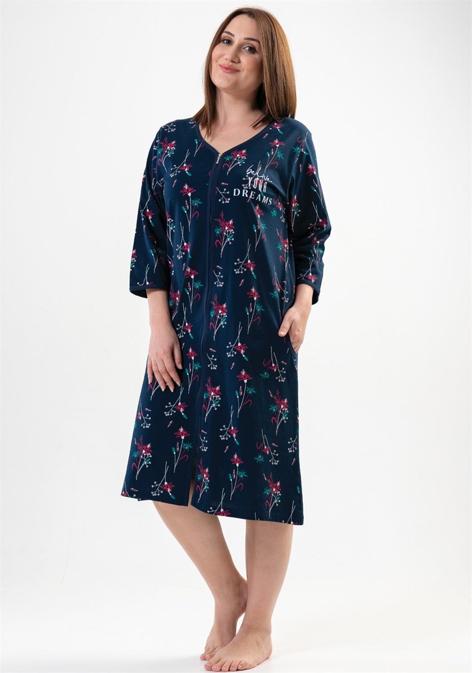 Vienetta 2010840386 Kadın 3/4  Kollu Fermuarlı Büyük Beden Ev Elbisesi