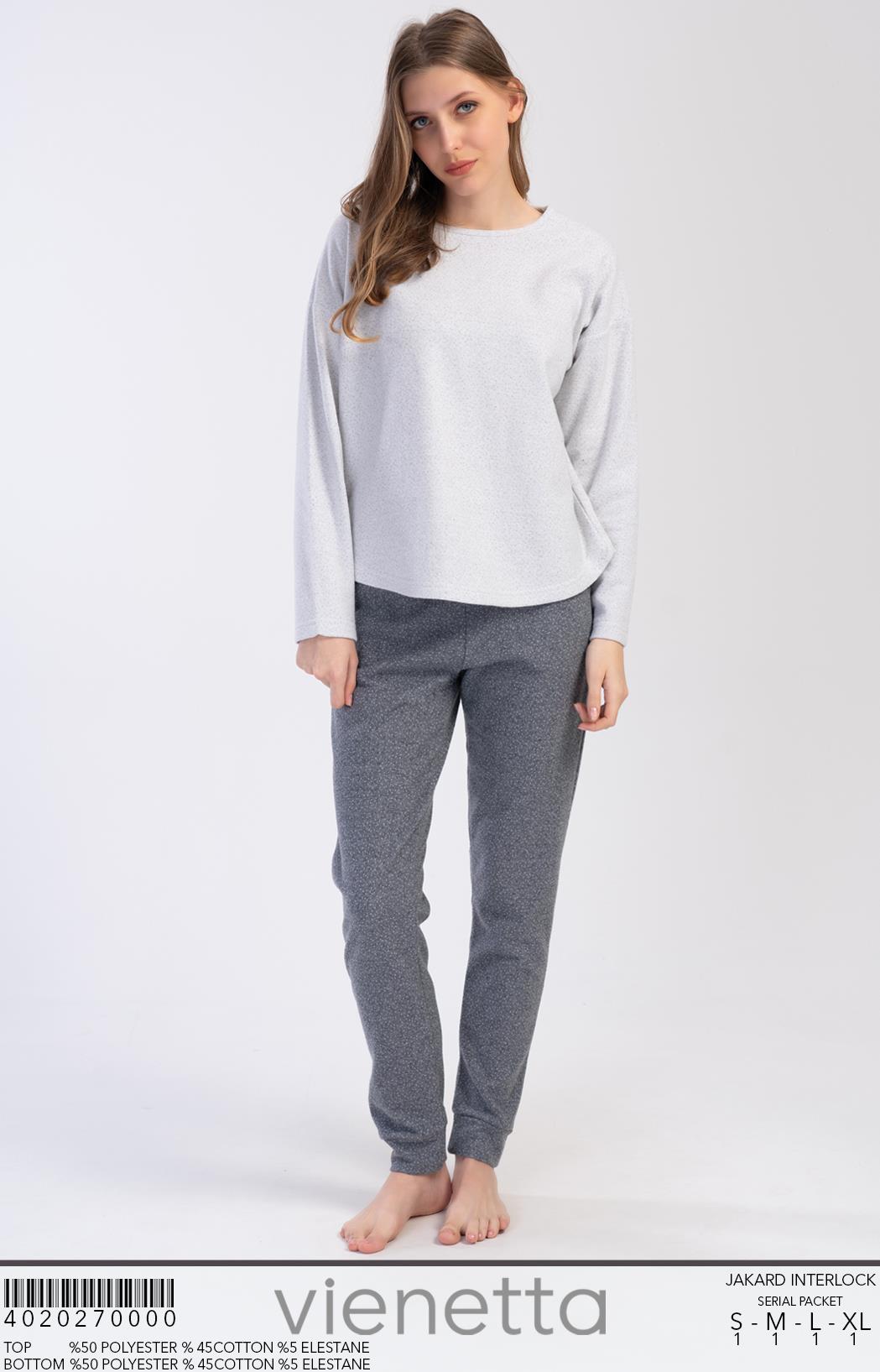 Vienetta 4020270000 Kadın Uzun Kollu Jakarlı İnterlok Pijama Takımı