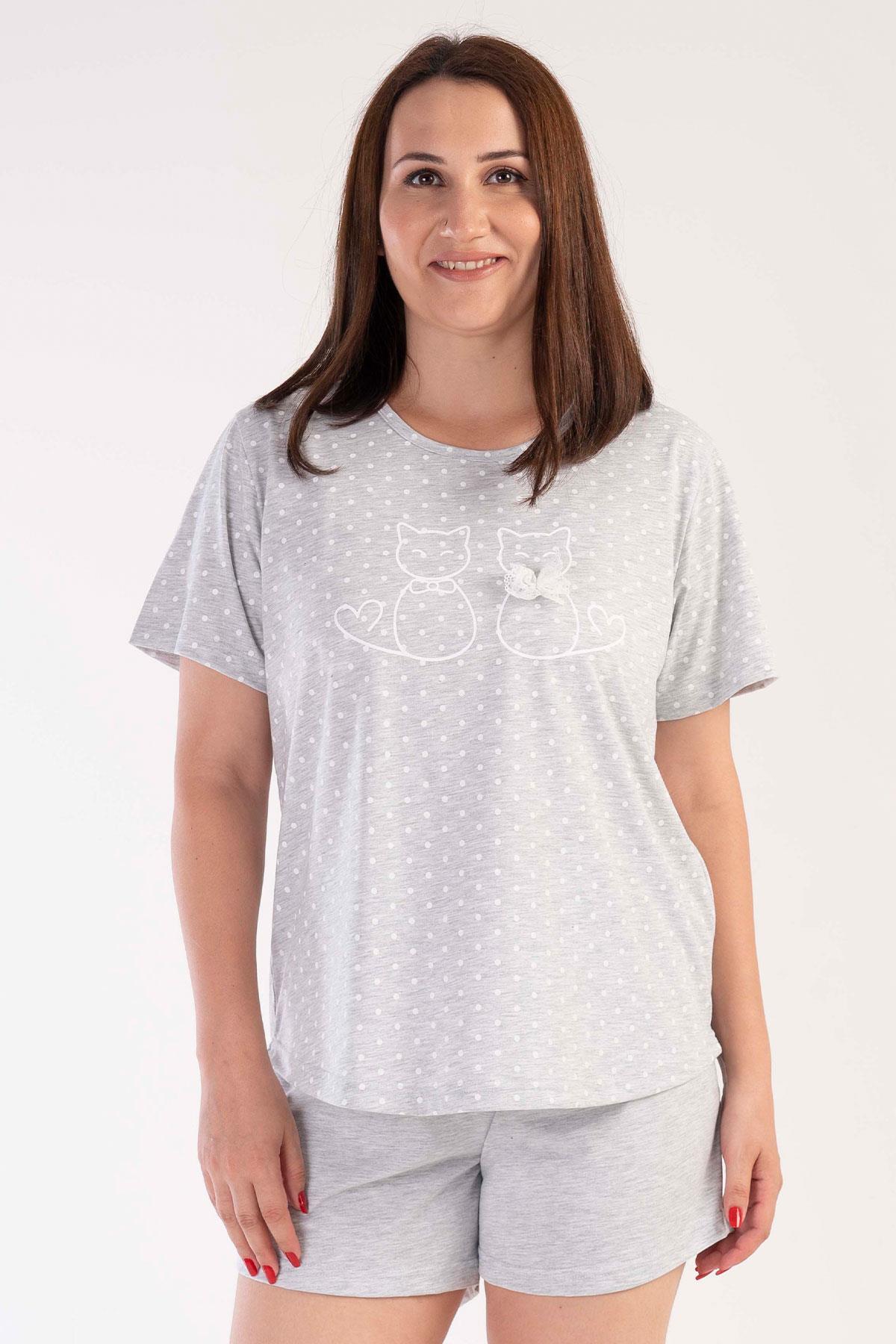 Vienetta Gri Melanj Kadın Kısa Kollu Şortlu Büyük Beden Pijama Takımı