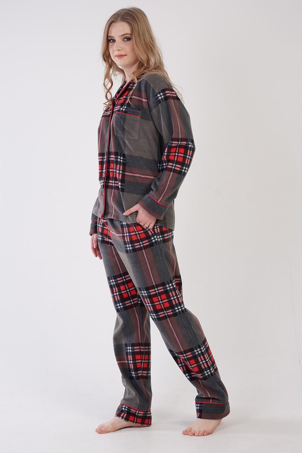 Vienetta Kadın Antrasit Polar Düğmeli Uzun Kollu Pijama Takımı