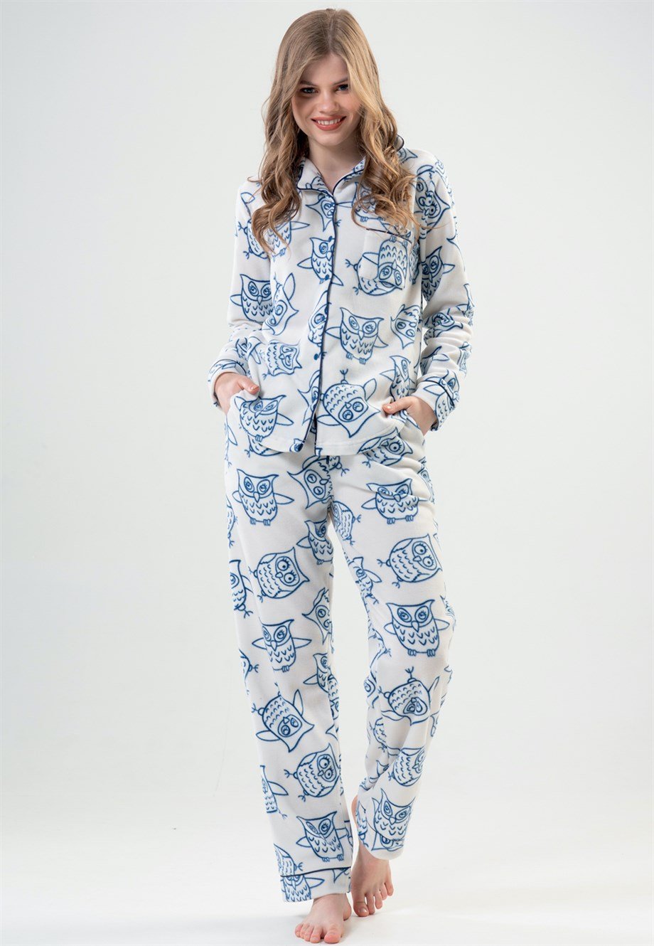 Vienetta Kadın Beyaz Baykuş Desenli Polar Uzun Kollu Pijama Takımı 2020210358-B