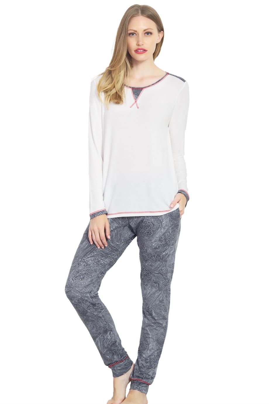 Vienetta Kadın Beyaz Uzun Kol Dar Paça Pijama Takımı
