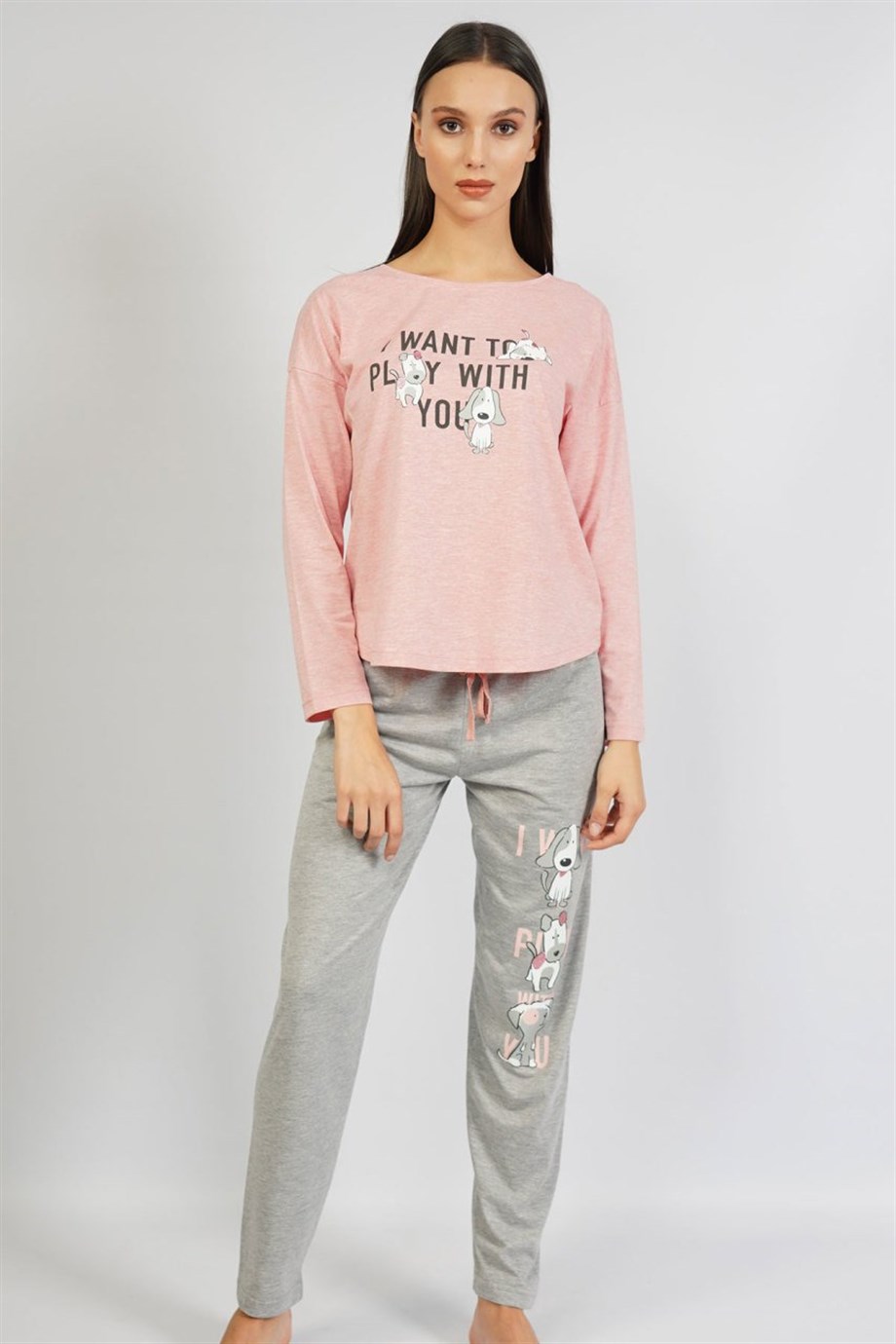 Vienetta Kadın Gri Düşük Omuzlu Uzun Kol Pijama Takım 1061360000