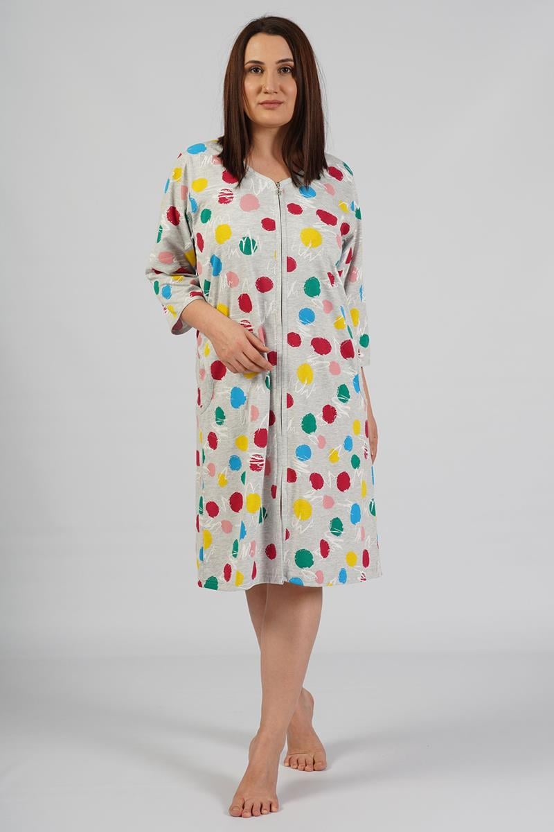 Vienetta Kadın Gri Melanj 3/4 Kollu Fermuarlı Büyük Beden Ev Elbisesi