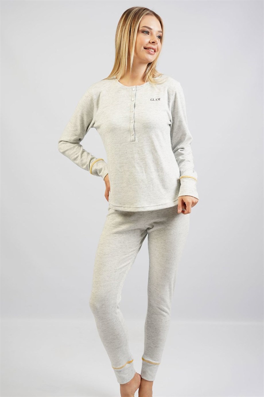 Vienetta Kadın Gri Melanj Uzun Kol Manşetli Pijama Takım 1070760000 