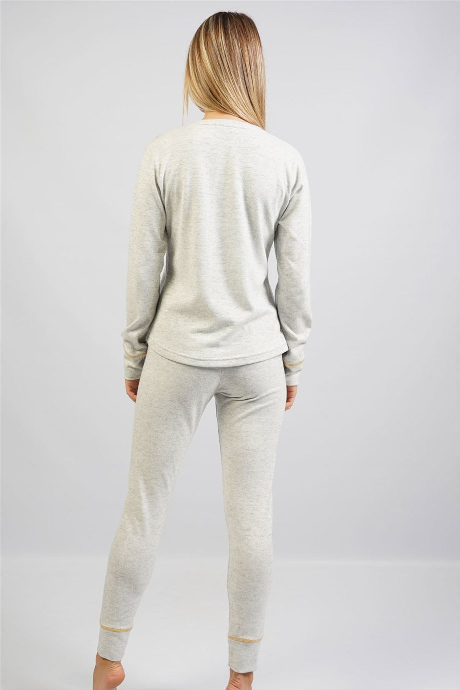 Vienetta Kadın Gri Melanj Uzun Kol Manşetli Pijama Takım 1070760000 