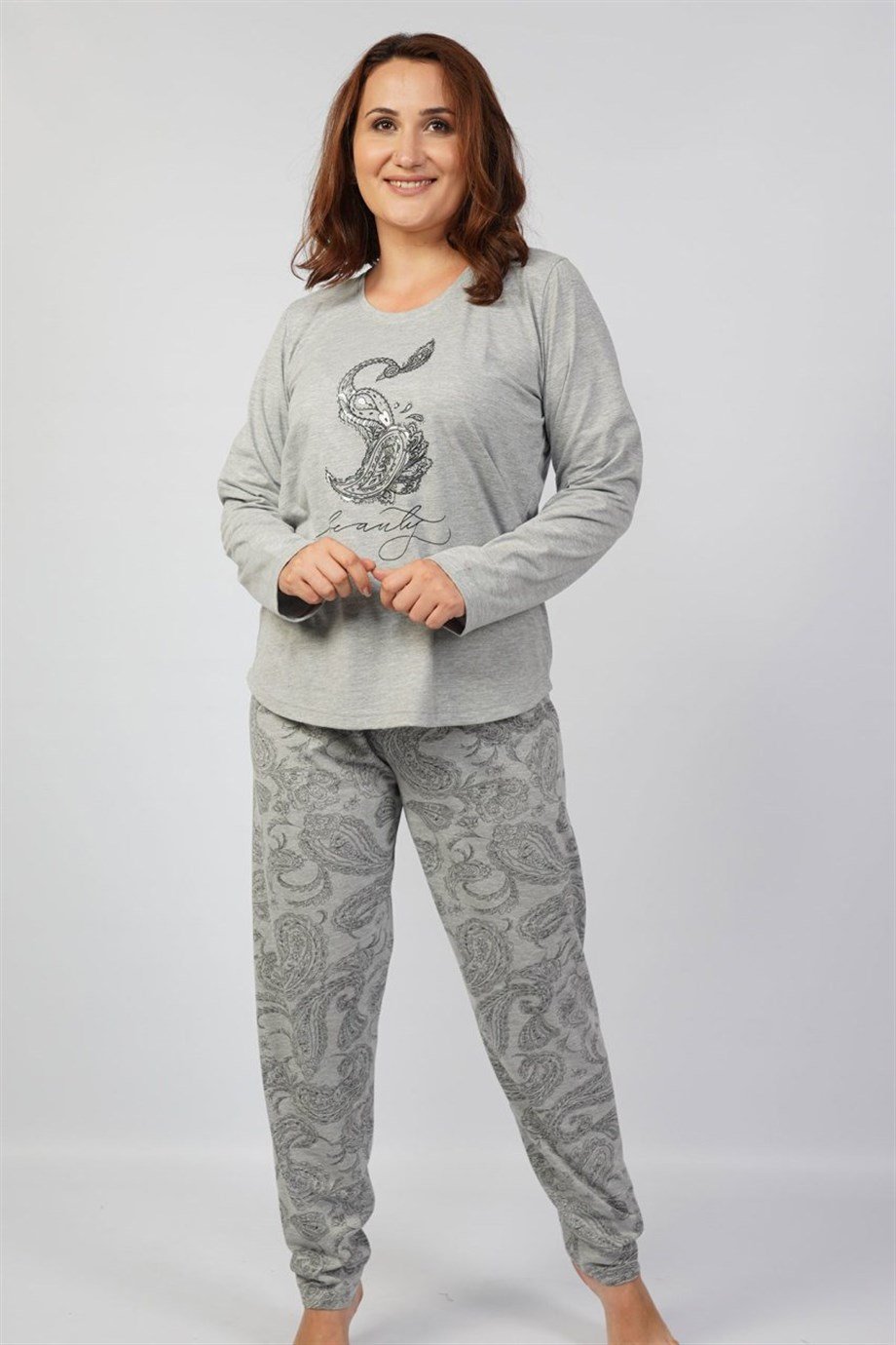 Vienetta Kadın Gri Melanj Uzun Kollu Pijama Takımı 1070280764 