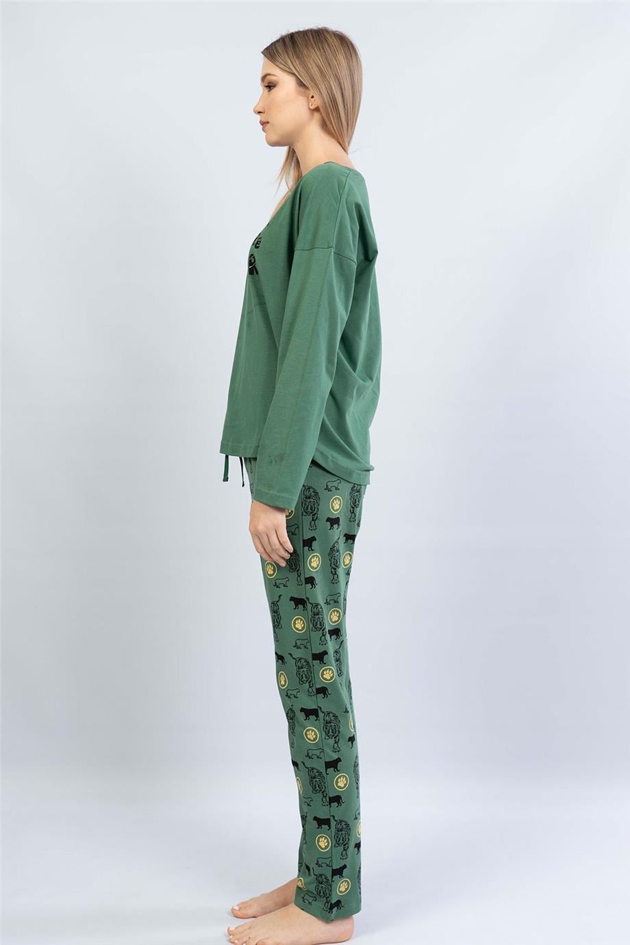 Vienetta Kadın Haki Uzun Kol Manşetli Pijama Takım
