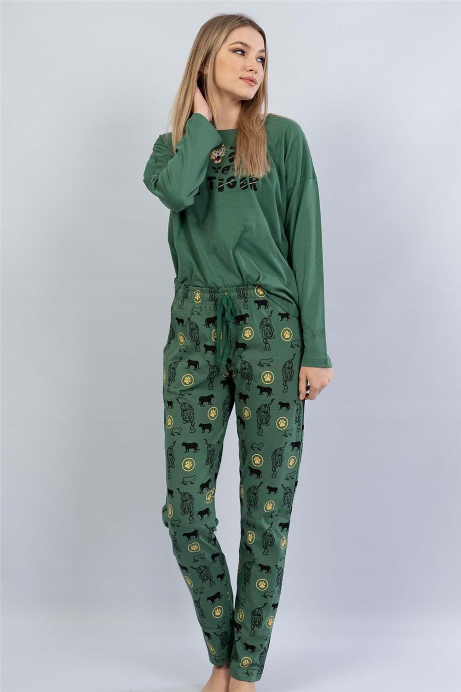 Vienetta Kadın Haki Uzun Kol Manşetli Pijama Takım