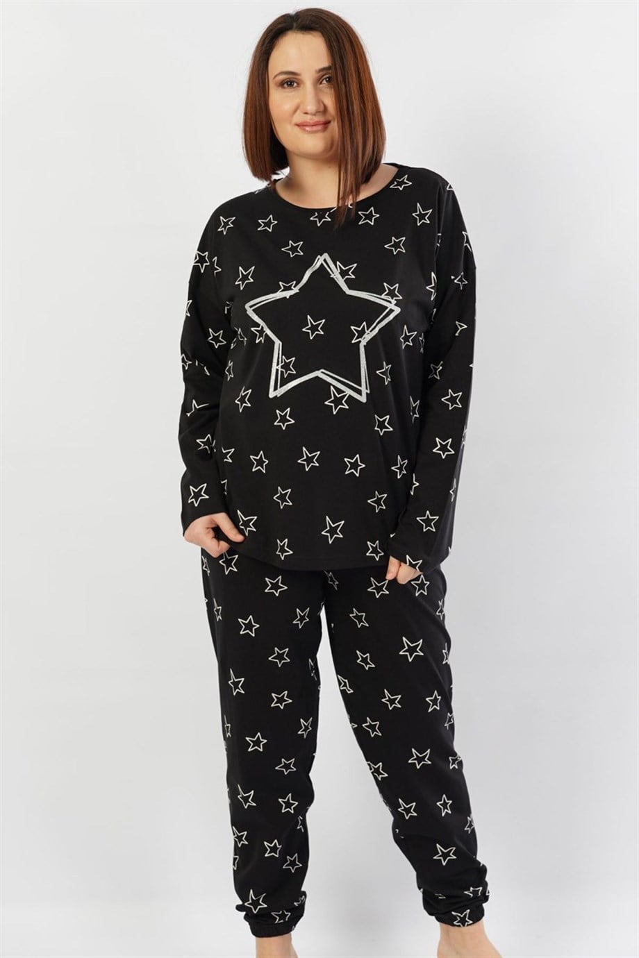 Vienetta Kadın Siyah Uzun Kol Paçası Büzgülü Pijama Takım 1030511191