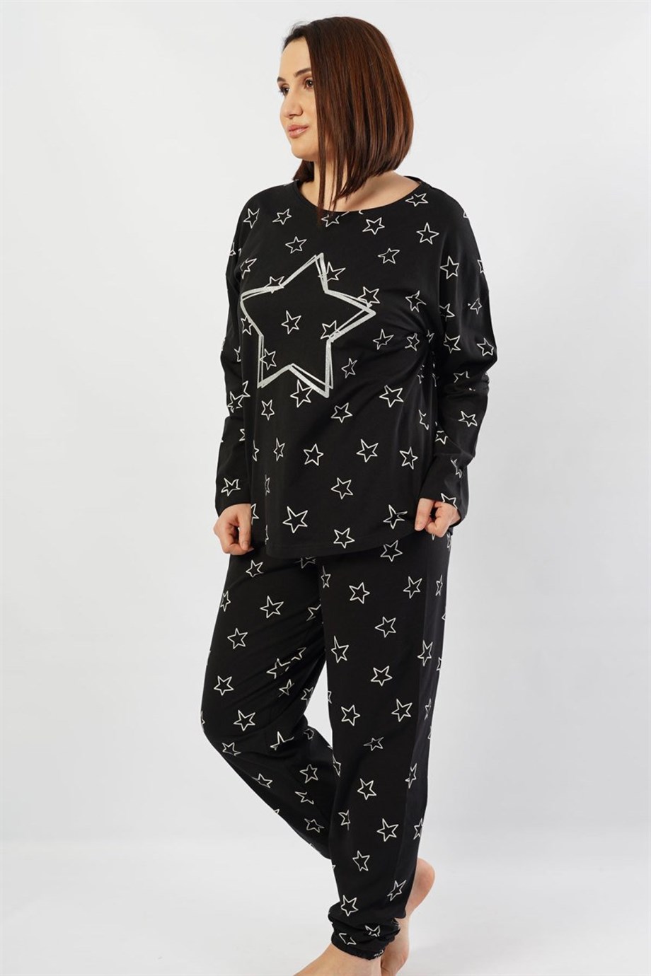 Vienetta Kadın Siyah Uzun Kol Paçası Büzgülü Pijama Takım 1030511191