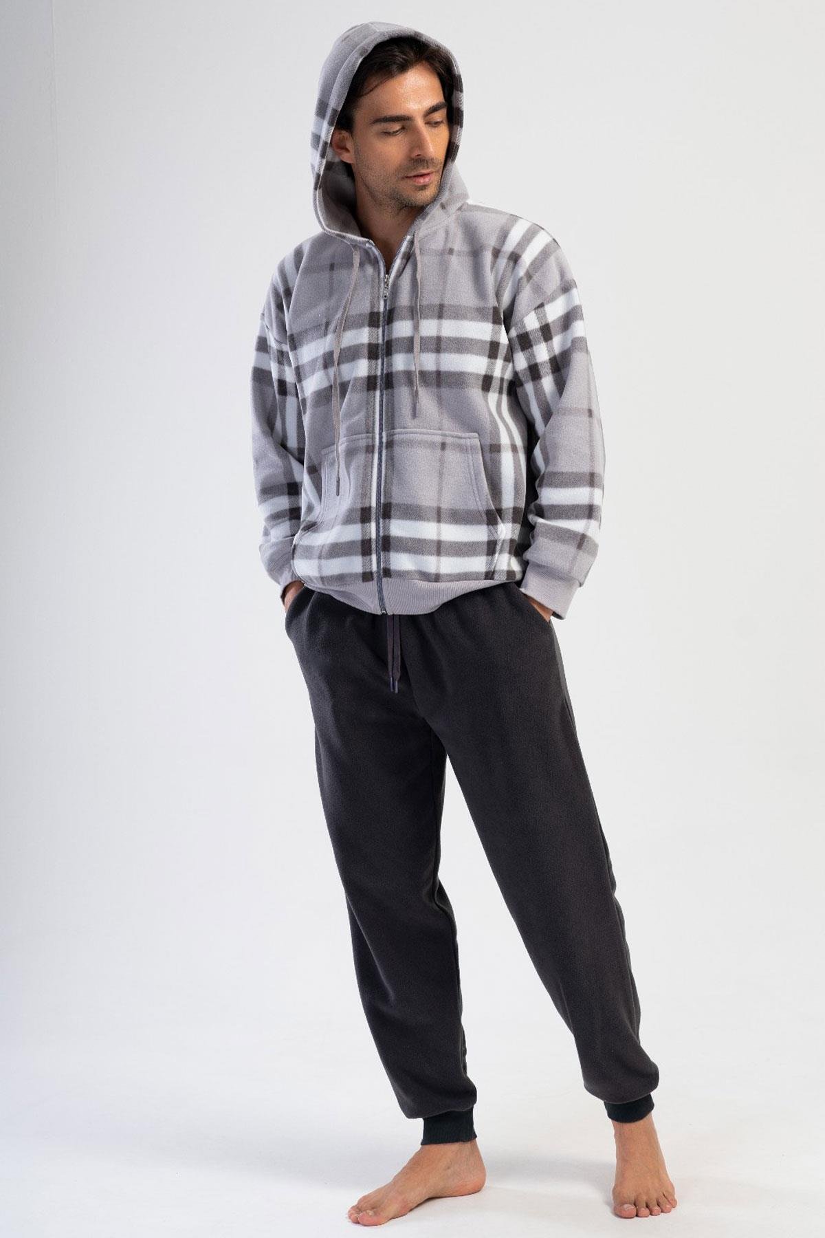 Vienetta Man 4030580188 Erkek Polar Kapuşonlu Uzun Kollu Pijama Takımı
