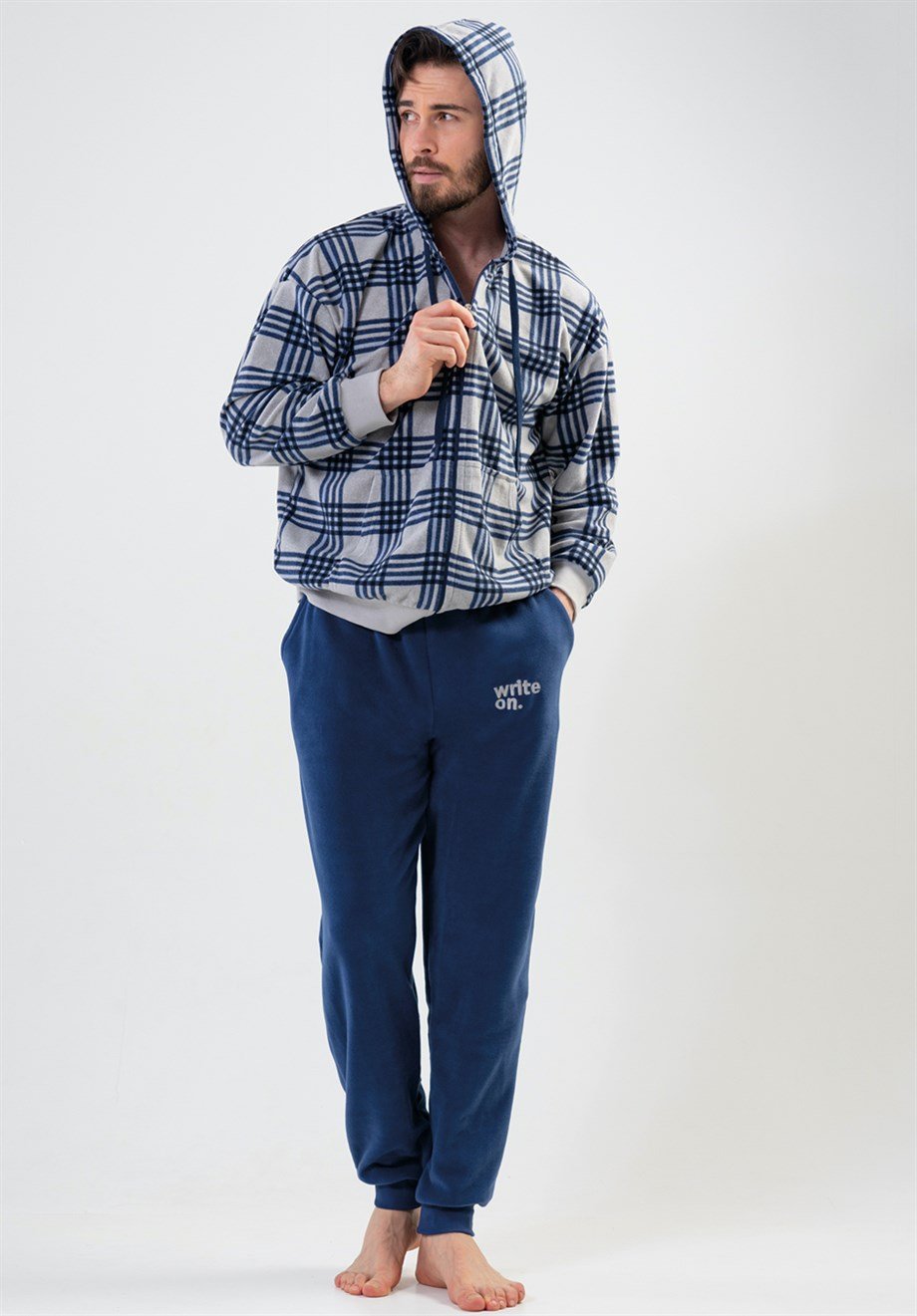Vienetta Man Erkek Gri Polar Kapuşonlu Uzun Kollu Pijama Takımı