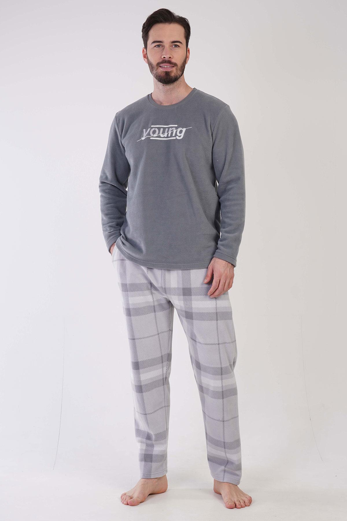 Vienetta Man Erkek Gri Uzun Kollu Polar Pijama Takımı