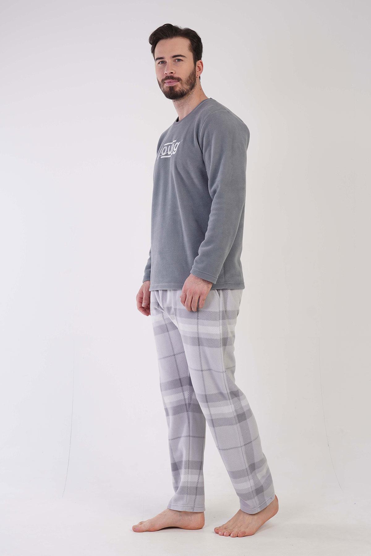 Vienetta Man Erkek Gri Uzun Kollu Polar Pijama Takımı
