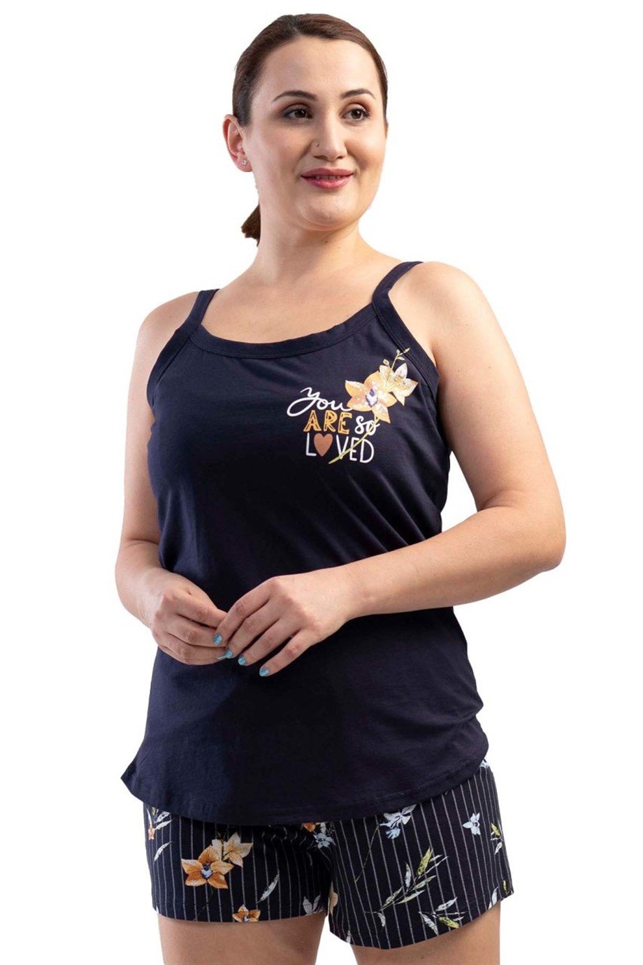 Vienetta (Mavi) Kadın İp Askılı Şortlu Büyük Beden Pijama Takımı 1101538975