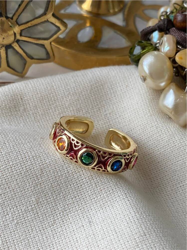 14K Bordo Mineli Renkli Taşlı Yüzük