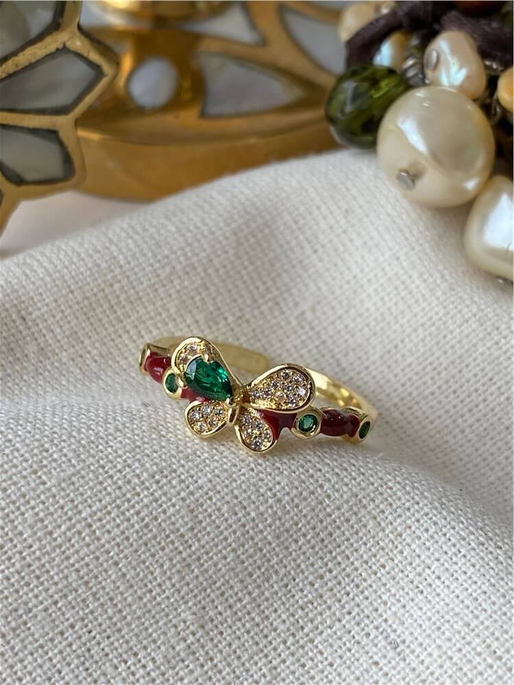14K Bordo Mineli Yeşil Taşlı Kelebek Yüzük