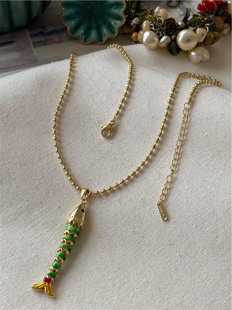 14K Dorika Zincirli Renkli Mineli Balık Kolye