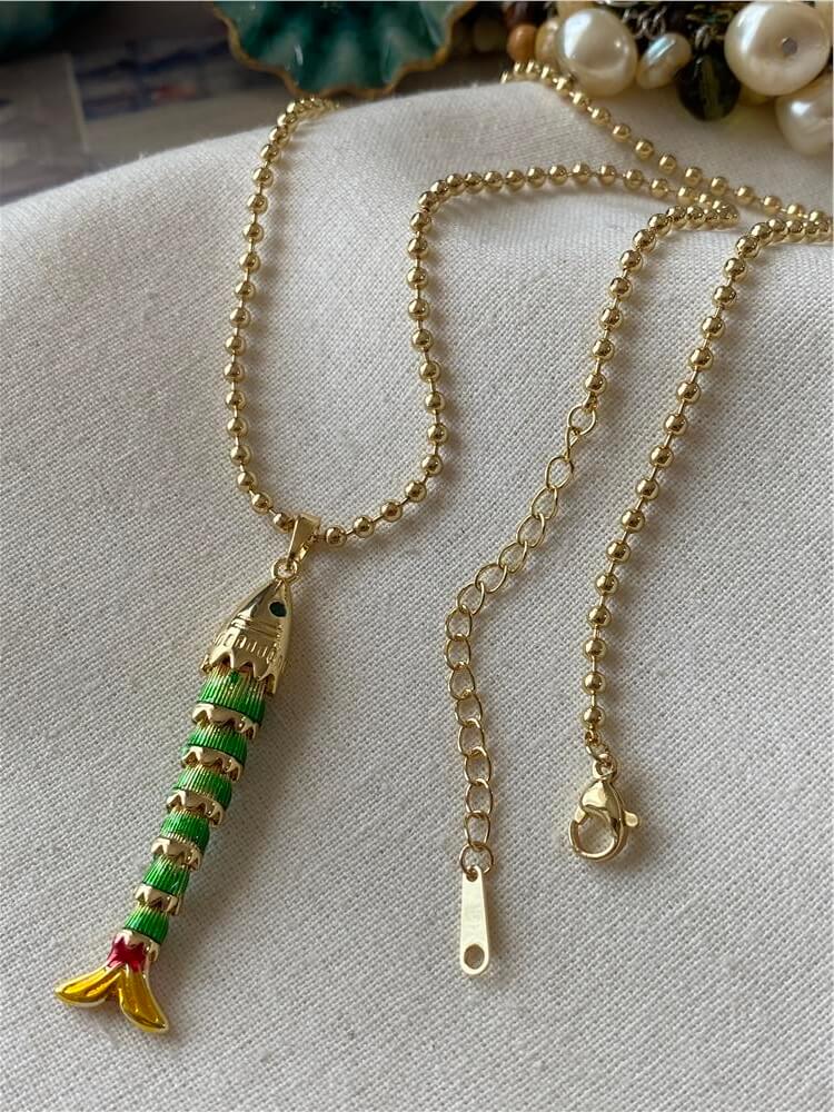 14K Dorika Zincirli Renkli Mineli Balık Kolye