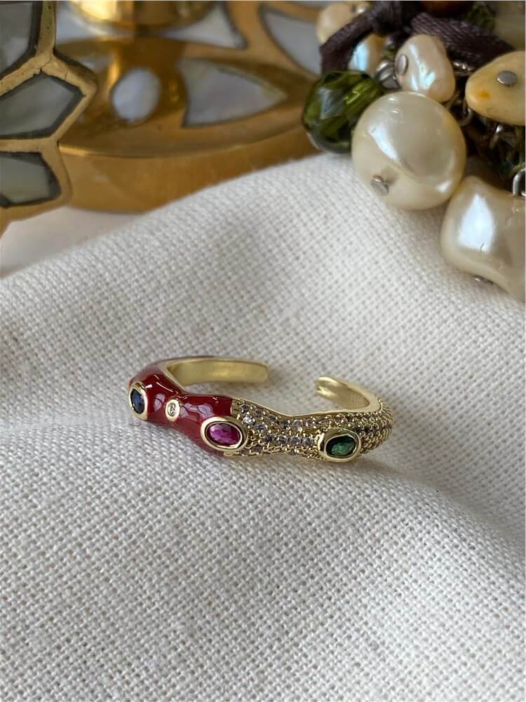 14K Kıvrımlı Bordo Mineli Renkli Taşlı Yüzük
