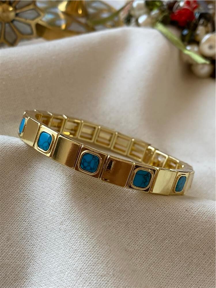 14K Mavi Taşlı Kare Model Esnek Bileklik