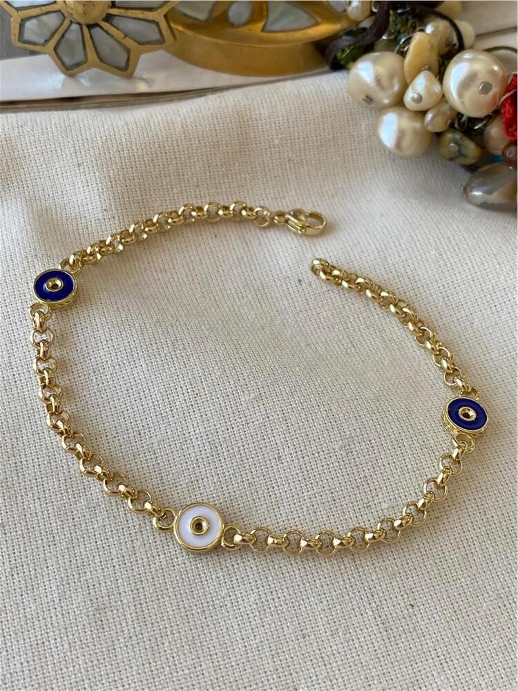 14K Mavi ve Beyaz Plakalı Zincir Bileklik