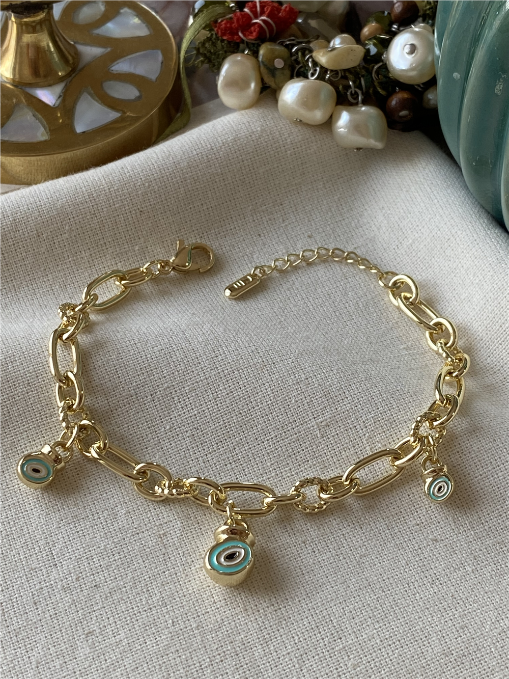 14K Nazar Charmlı Oval Zincir Bileklik